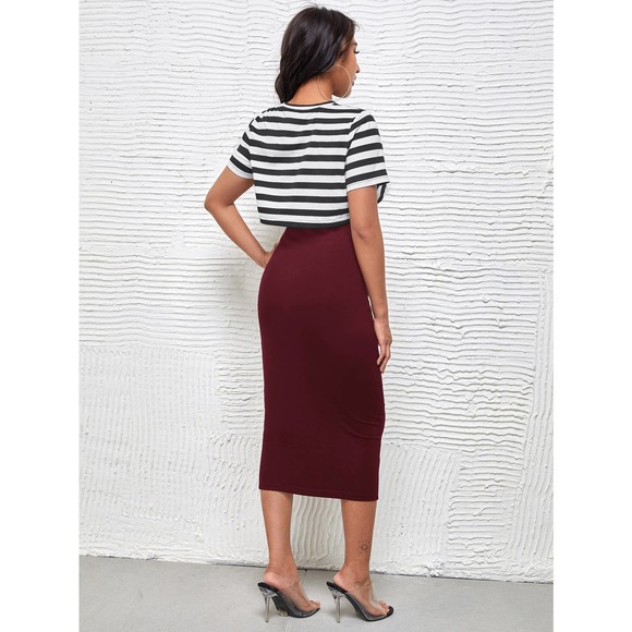 Maternity Striped Print short sleeve Tee midi Dress black white burgundy - Picture 2 of 8